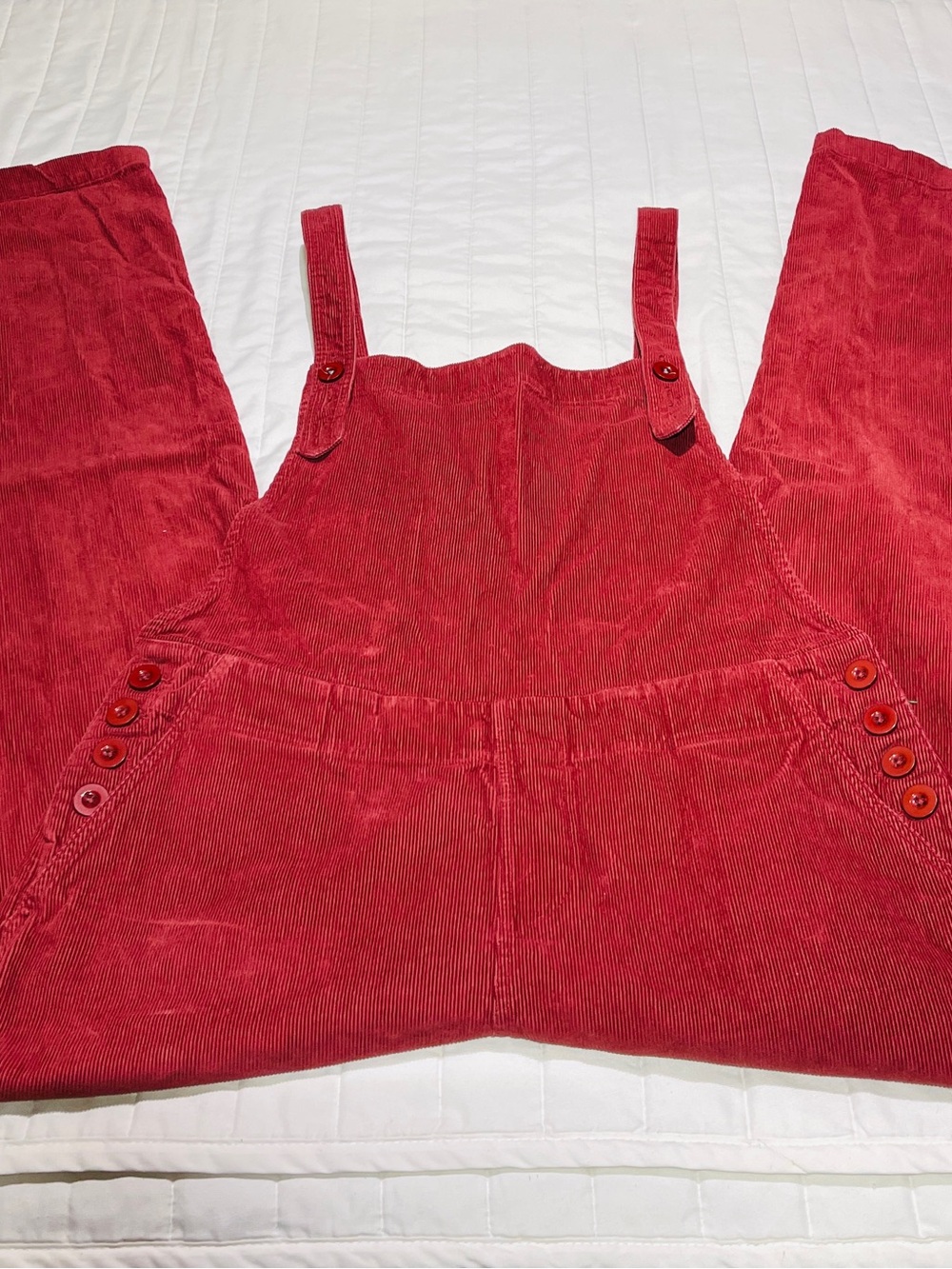 Women’s Red Corduroy Overalls with Button-Side Detail
